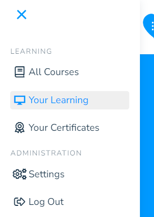 An expanded left-hand menu showing "Your Learning"